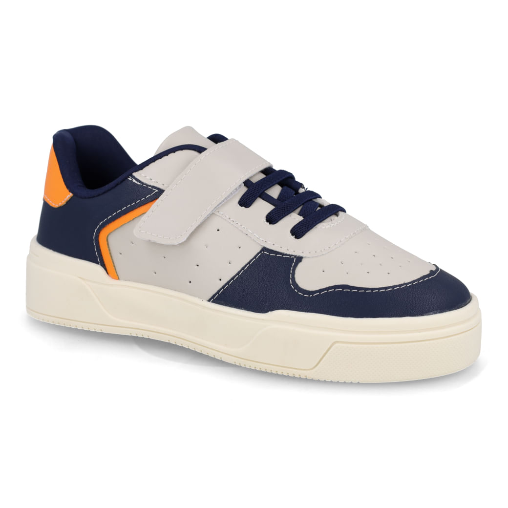 Tênis infantil Fun Feet Luigi em cinza e marinho, vista frontal com fechamento em cadarço e velcro.